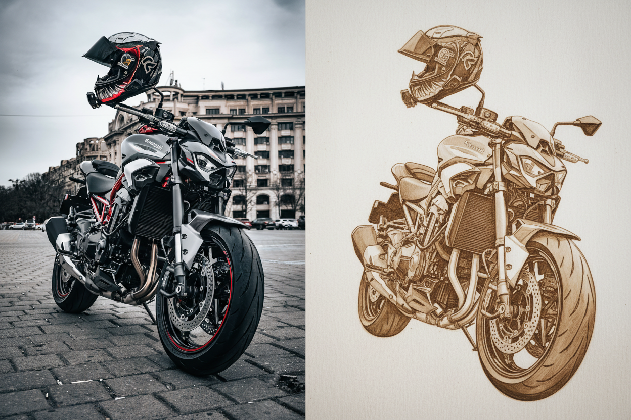 Gravírovaná fotografie motorky ve stylu skici