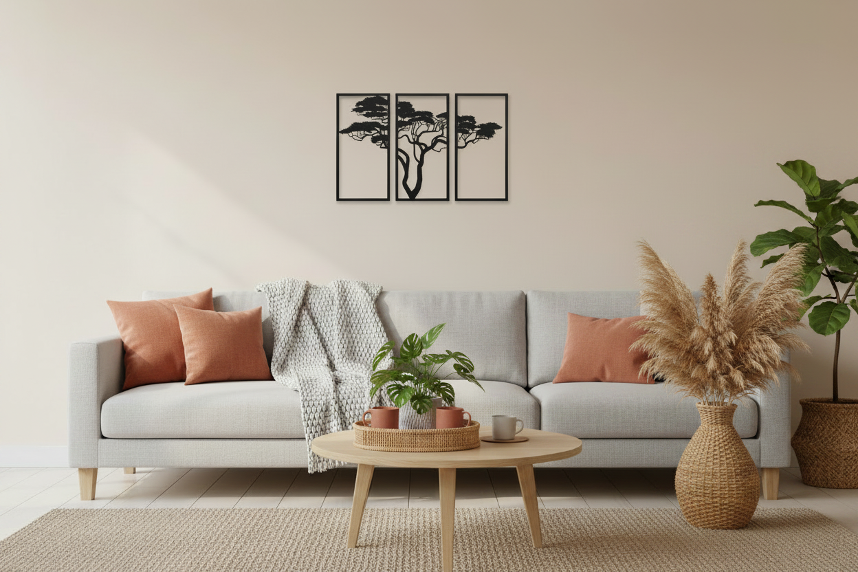Triptych v dekorativním interiéru se savanou
